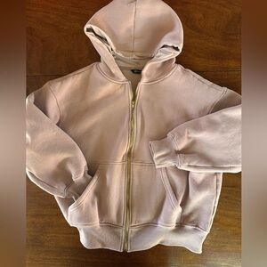 PrettyGarden Dusty Rose Cropped Zip Hoodie Medium Gold Zipper Cozy Oversized Fit
